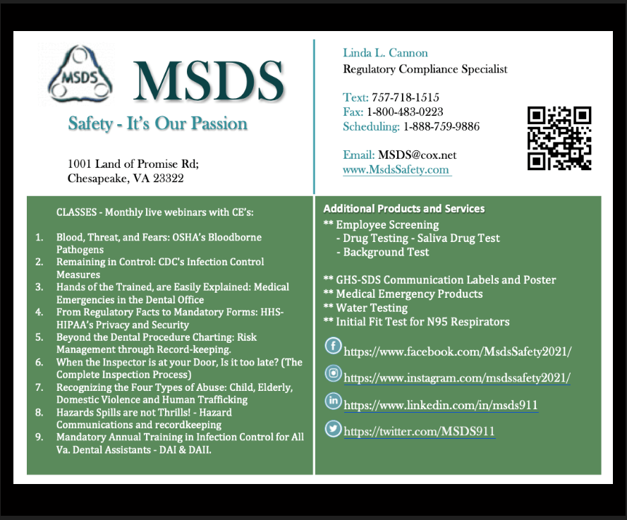 MSDS From Your Regulatory Compliance Specialist Linda Cannon