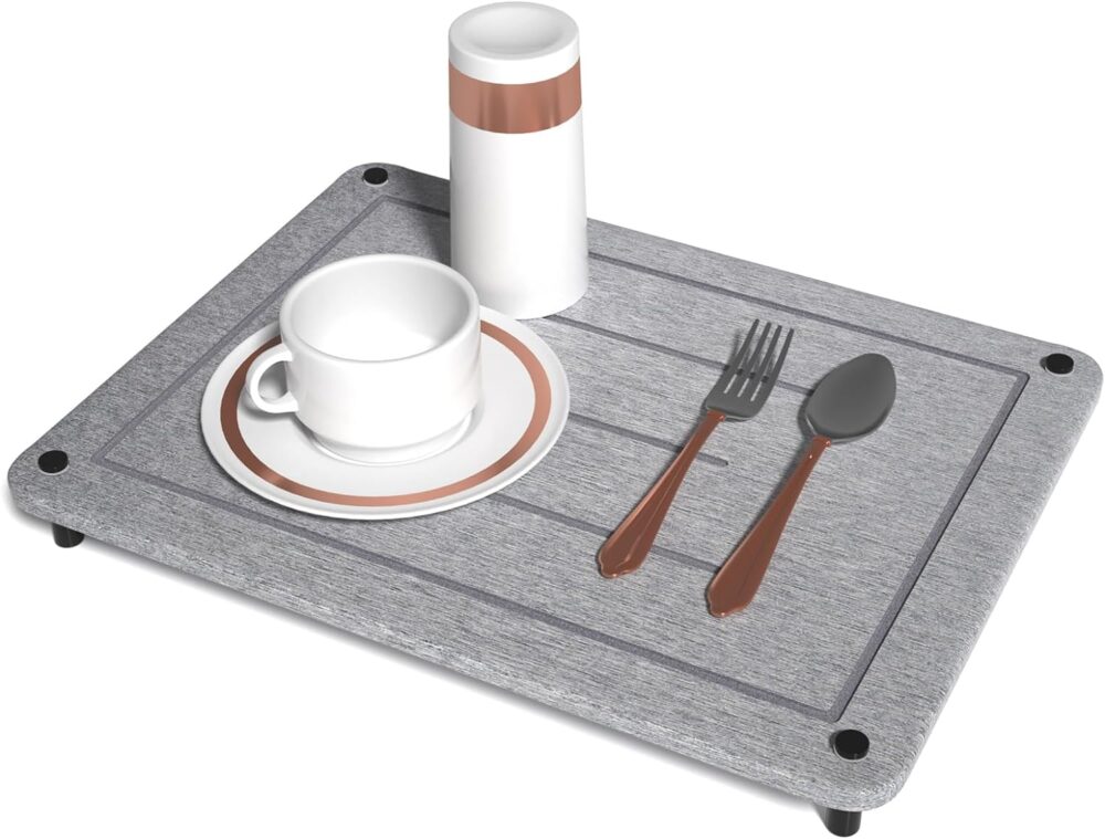 Quick Drying Stone Mat for Kitchen Counter, Super Absorbent Diatomaceous Earth Stone Dish Drying Mats, Non-Slip Dish Drying Stone Pad with Stainless Steel Feet, 15.7"(L)×11.8"(W), Grey - #m10003